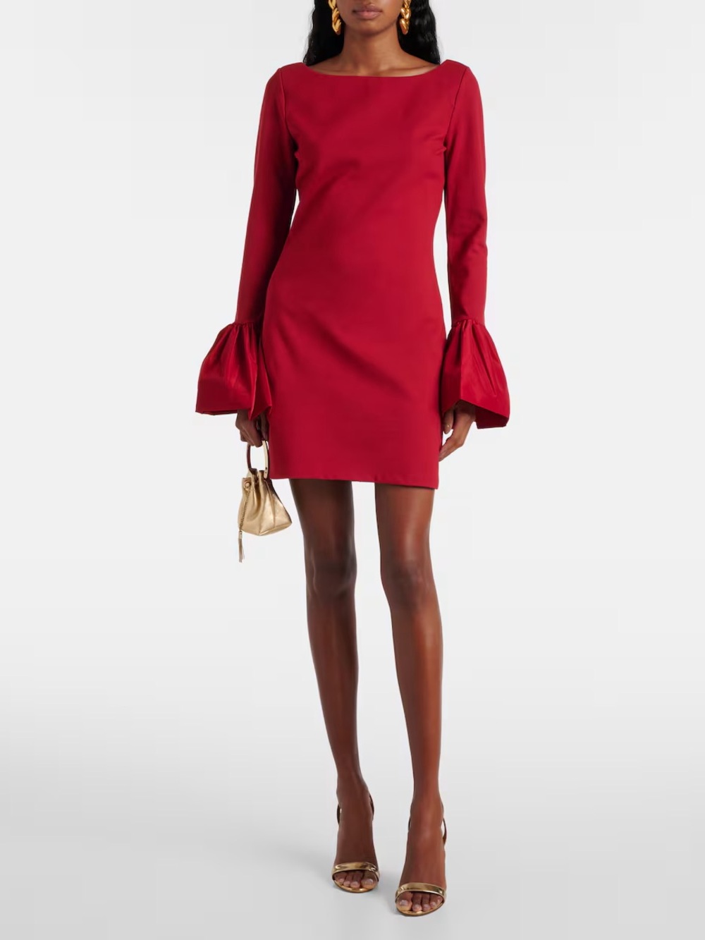 STAUD Hawthorne Bell-Sleeve Bateau Neck Mini Dress - Rouge Red